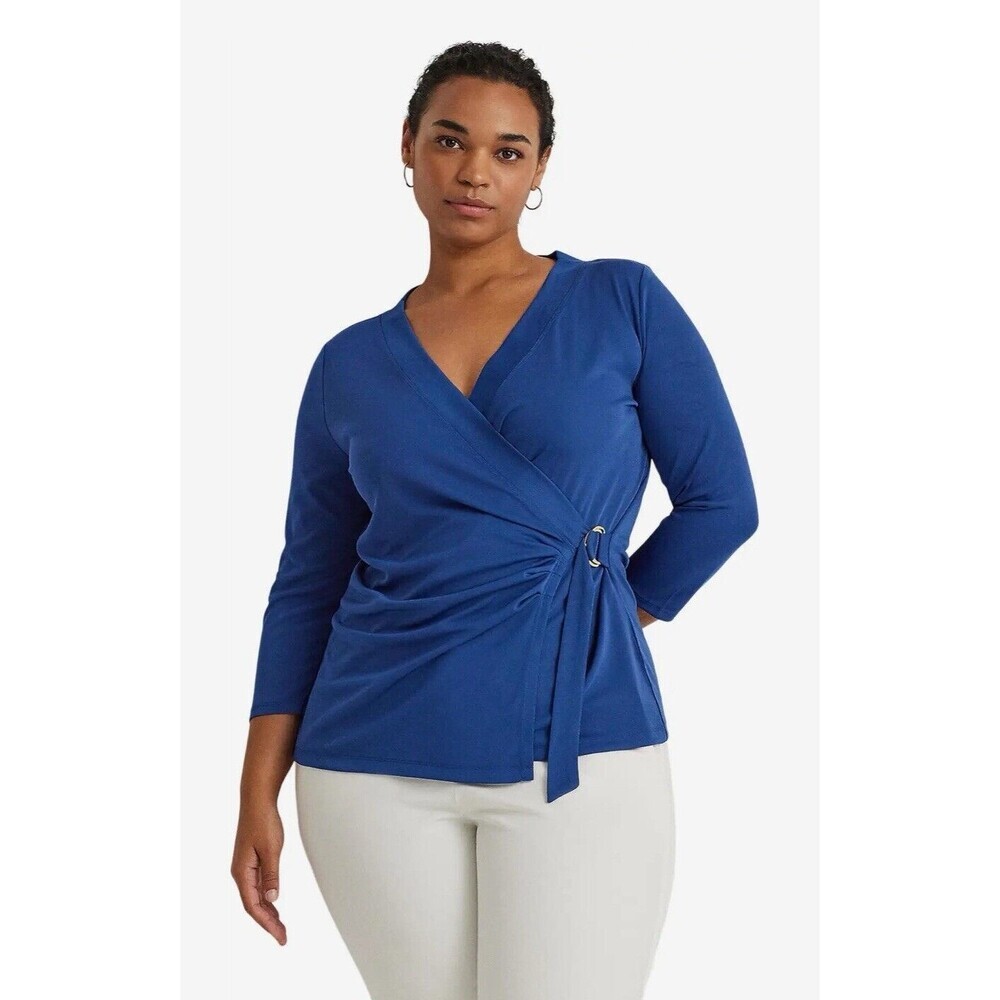 Lauren Ralph Lauren Stretch Jersey Surplice Top Vintage blue Plus Size 3X